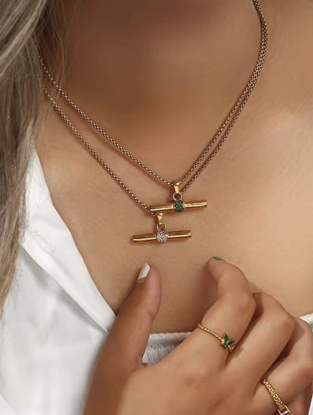 ππNEWππ STUNNING!! 18KT Over Stainless Steel CZ T-Bar Necklace - Picture 5 of 16